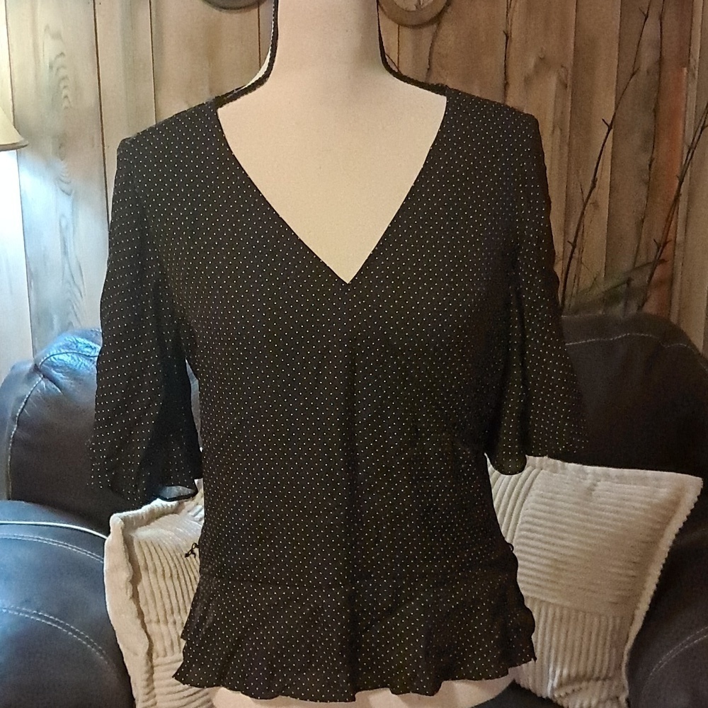 Lauren Ralph Lauren Brown Polka Dot Ruffle-Trim V-Neck Flutter Sleeve Silk Blous